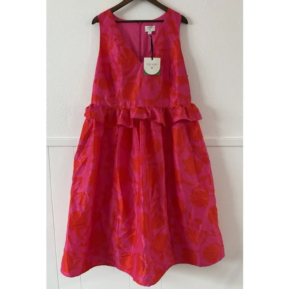 Kate Spade New York NWT Floral Jacquard Midi Dress 17 Pink Red Ruffle Waist - Picture 2 of 10